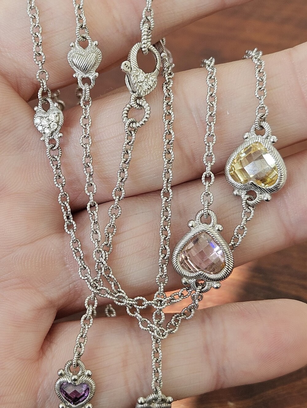 Rare Judith Ripka Sterling Silver Multi-Color Heart Station Necklace 36"